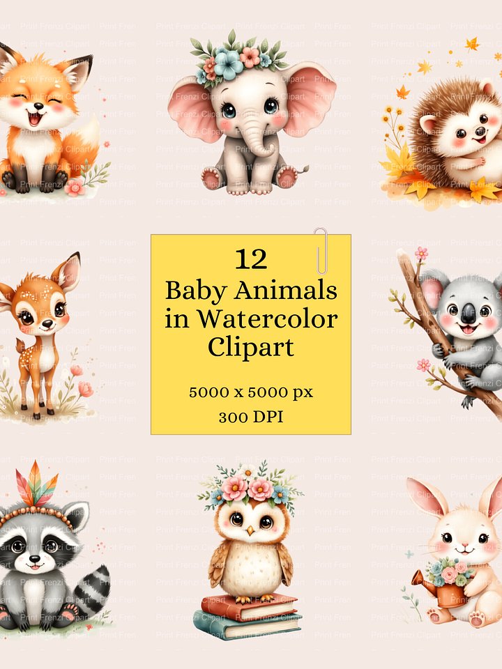 Adorable 12 Baby Animals Watercolor Clipart Bundle — perfect for nursery prints, baby shower décor, stickers, and digital design projects. Instant download. product image (1)