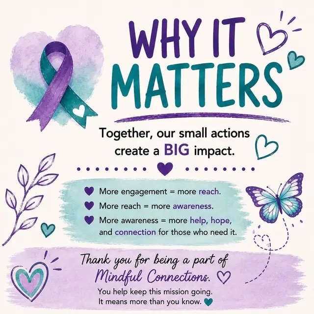Small actions can make a BIG difference. A like, comment, share, save, or tag may only take a second but for a small organization like Mindful Connections, it can help our message reach someone who may truly need it. 🫶🏻 Thank you for helping us grow, connect, and spread a little more hope. 💜🩵 #MindfulConnections #SupportSmallOrganizations #EngagementMatters #SmallActionsBigImpact #MentalHealthMatters     