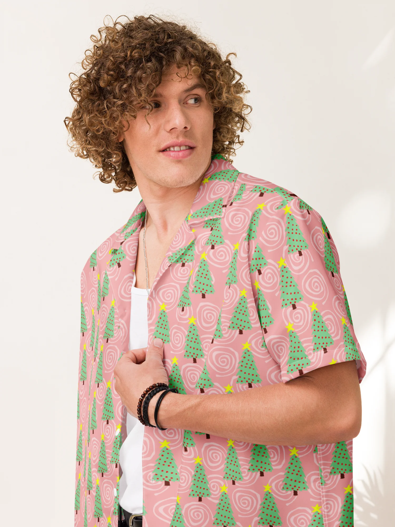 Mint Green Christmas Trees on Pink Oversized Button Down Shirt product image (12)