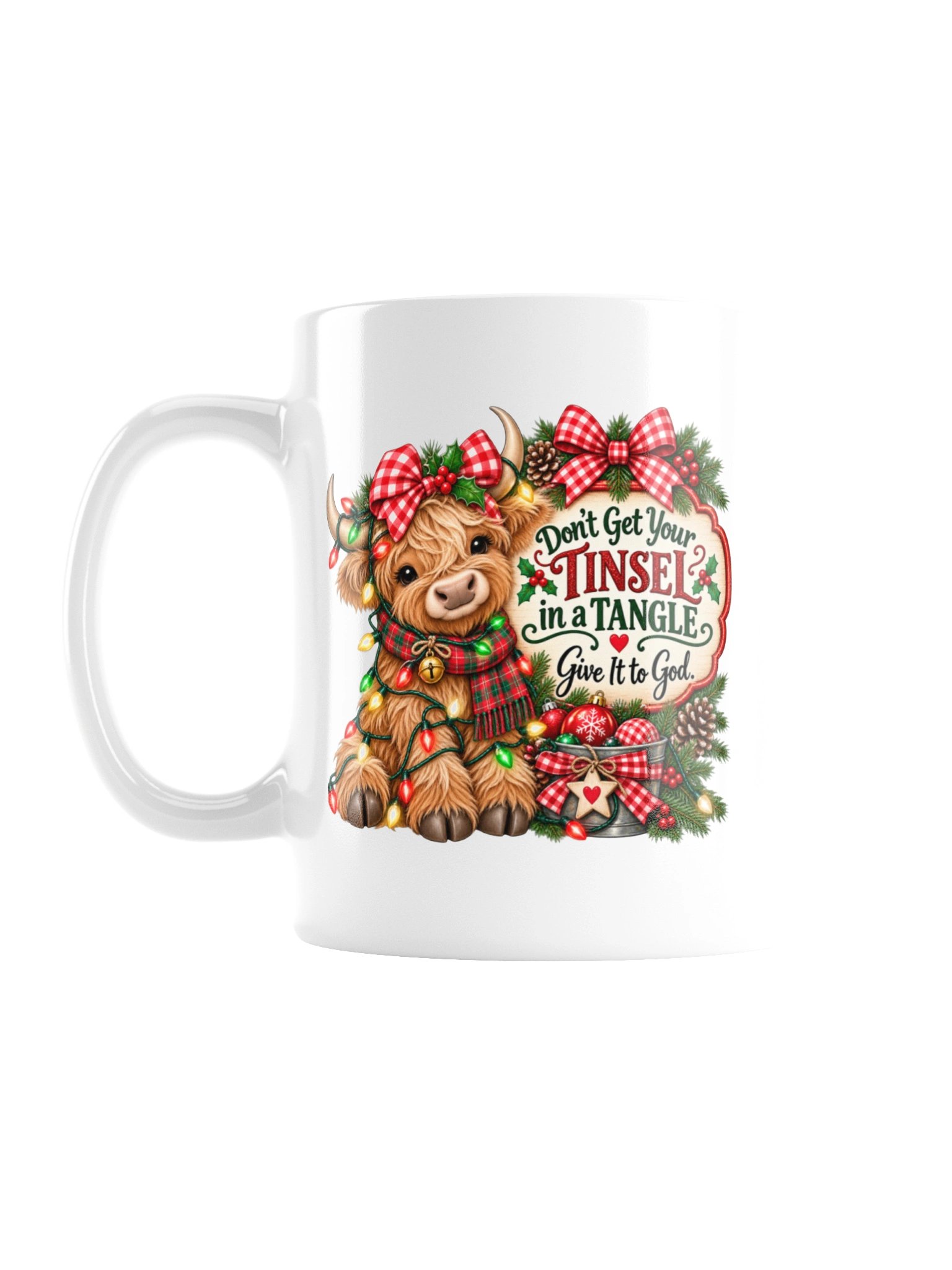 Funny Christian Christmas Mug | Highland Cow Tinsel Mug | Give It to God | Christmas Coffee Cup product image (3)