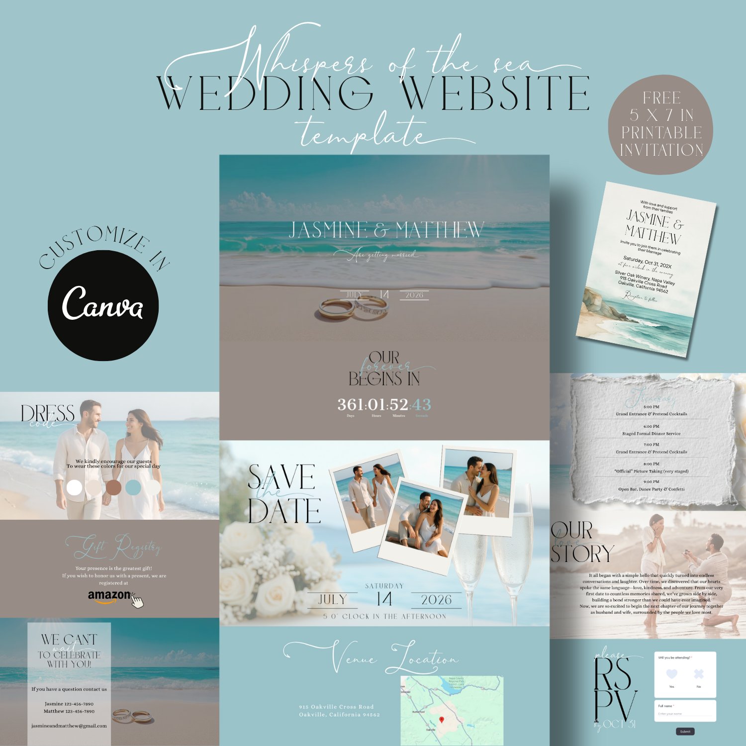 Beach Wedding Website Template | Coastal Ocean Theme | Editable Canva Template | Destination Wedding | RSVP Website | 5x7 Invite Included product image (1)