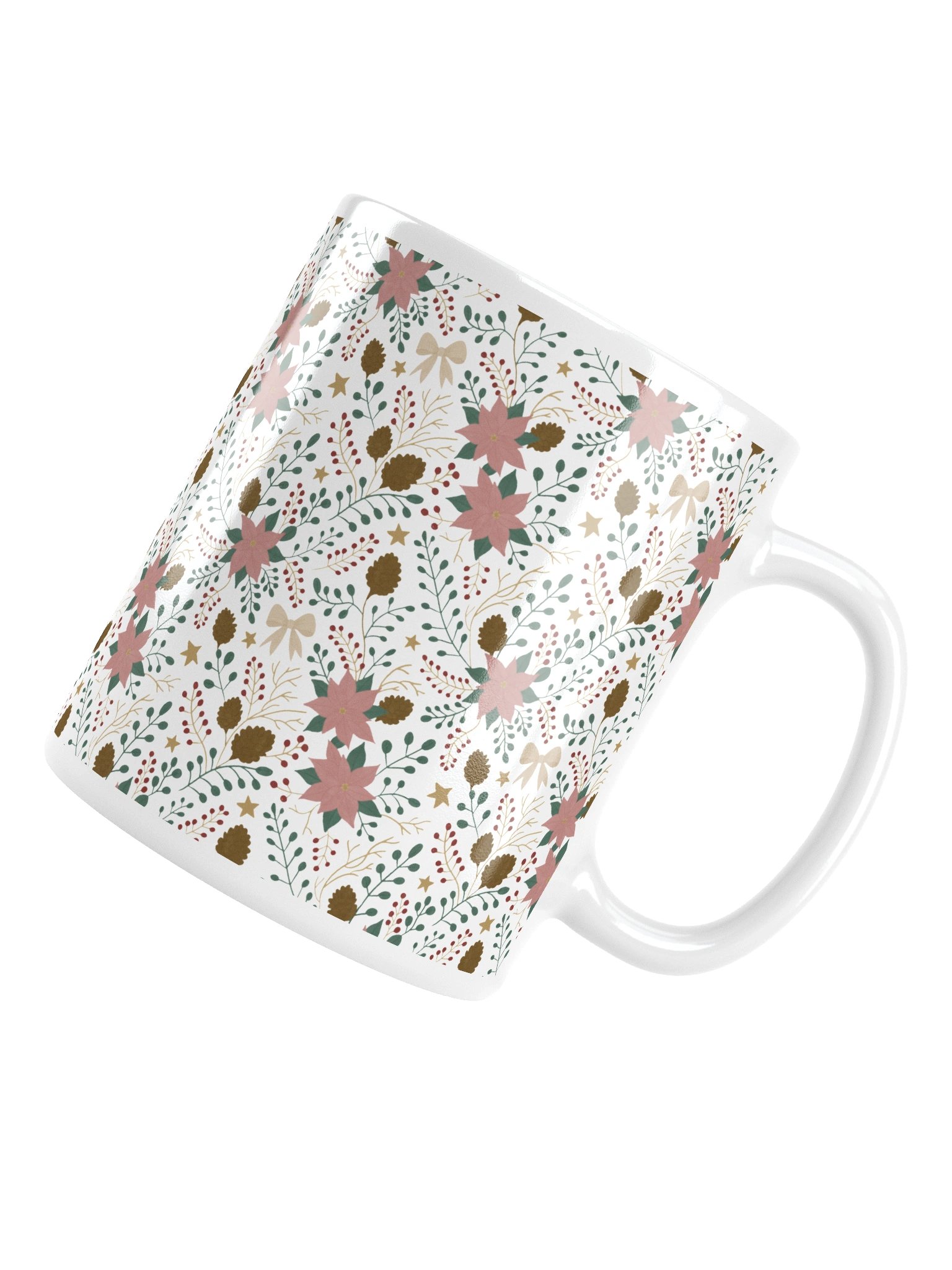White glossy mug enchanted forest blooms. Botanical Christmas mug with poinsettias and winter details product image (15)