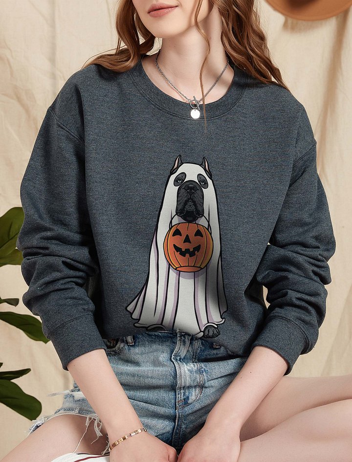 Funny Halloween Cane Corso(Blue) Sweatshirt | Funny Cane Corso Wearing a Ghost Costume and Holding a Pumpkin Basket product image (2)