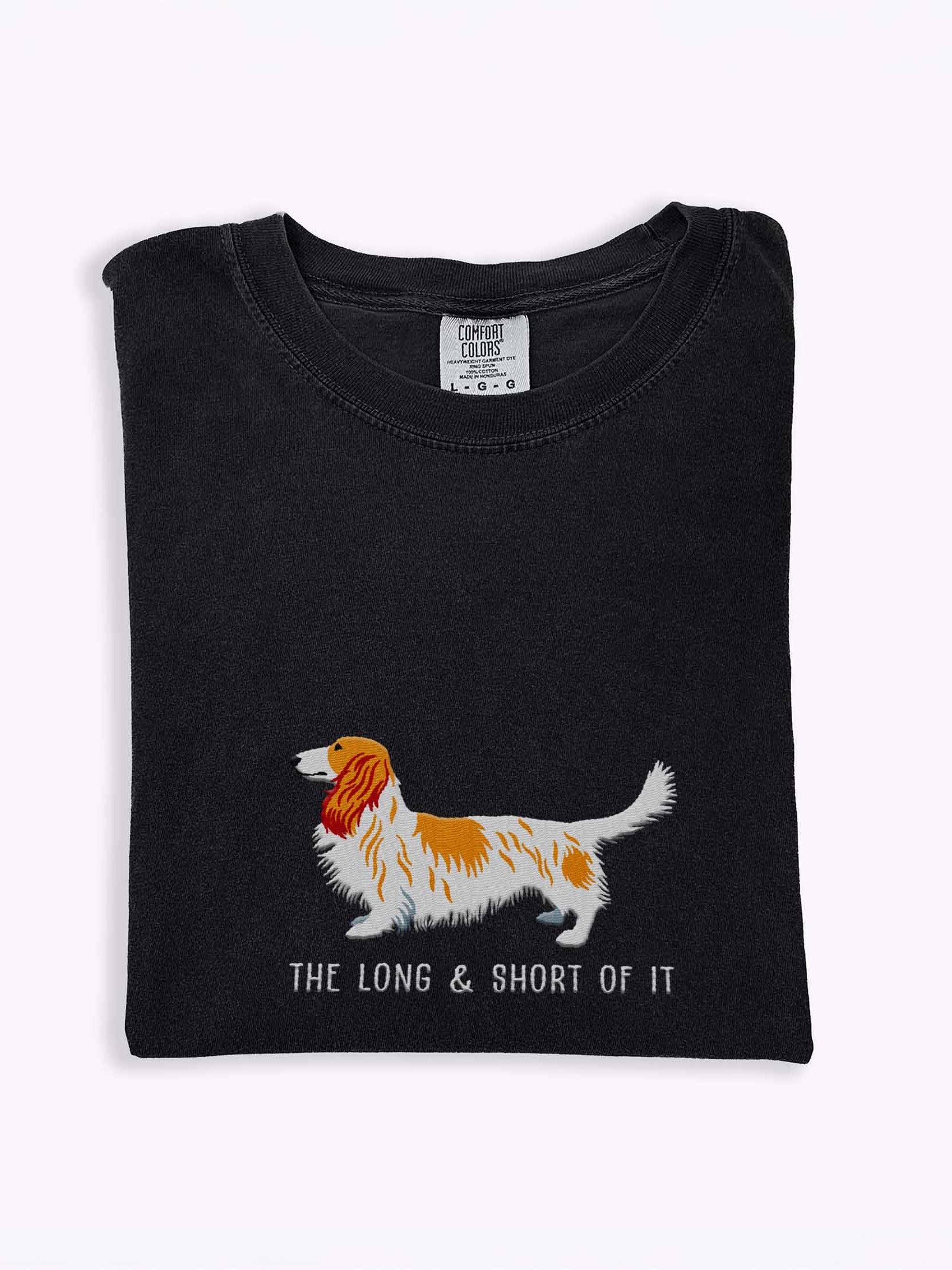 The Long & Short of It T-Shirt(Embroidered) of a Longhaired Dachshund(Pied Brown & White) product image (1)