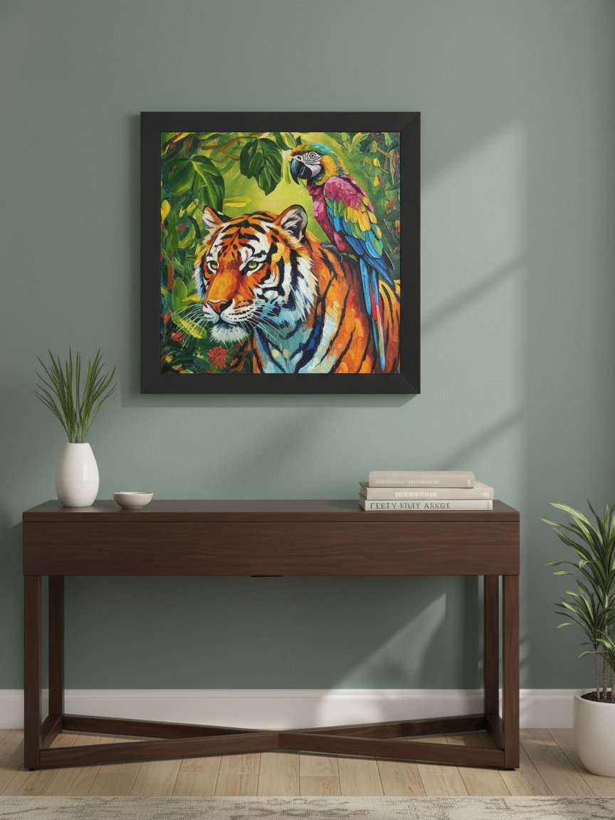 Tropical Tiger and Parrot Wall Art, Colorful Jungle Print product image (1)