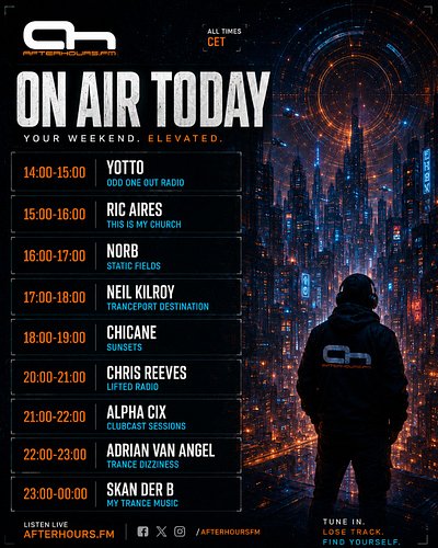 ON AIR TODAY on Afterhours.fm 🔊

Your weekend soundtrack is loaded with progressive, trance, and melodic energy from Yotto, R...
