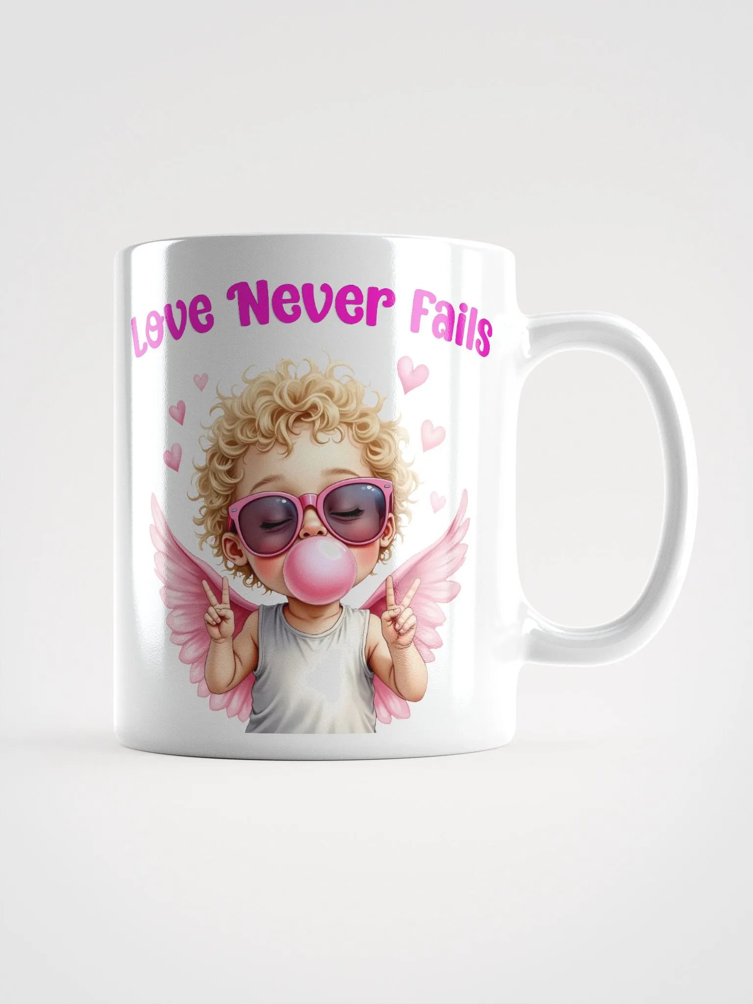 Love Never Fails Valentine Retro Cupid Valentine's Day White Glossy Mug product image (3)