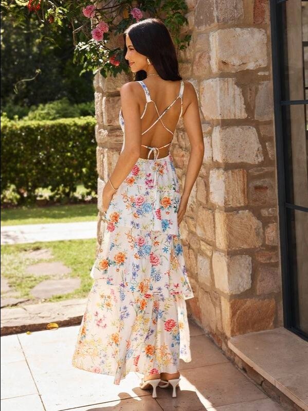 Floral Print Halter Backless Maxi Dress | Boho Lace-Up Tie Back | ADLEST product image (2)