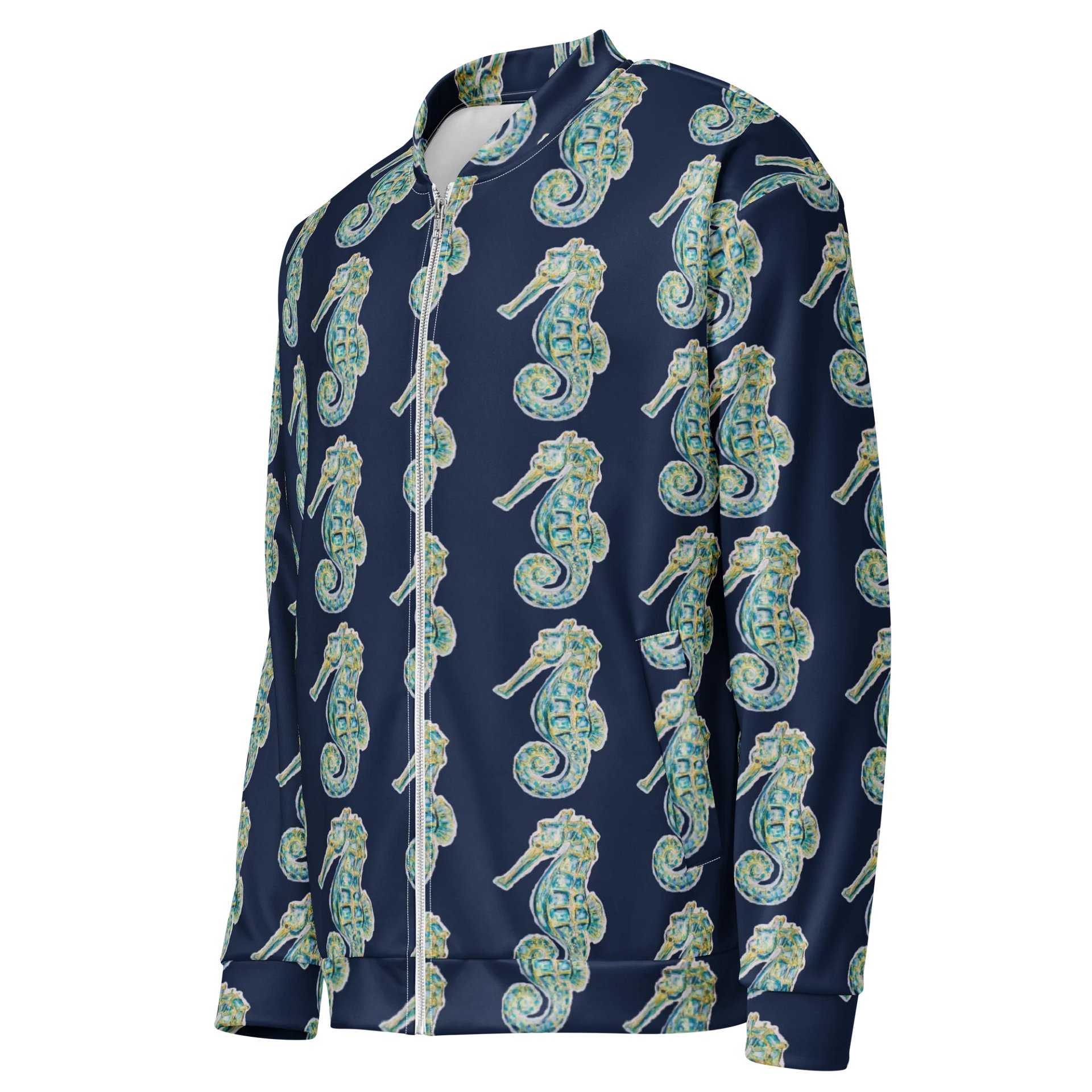 All-Over Print Bomber Jacket | Coastal Cool, City Bold | Monique Faella Designs™ Style | Painted Seahorses Pattern product image (3)