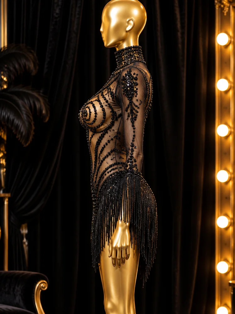 Black Crystal & Fringe Showgirl Bodysuit – Long Sleeve High Neck Stage Costume product image (2)