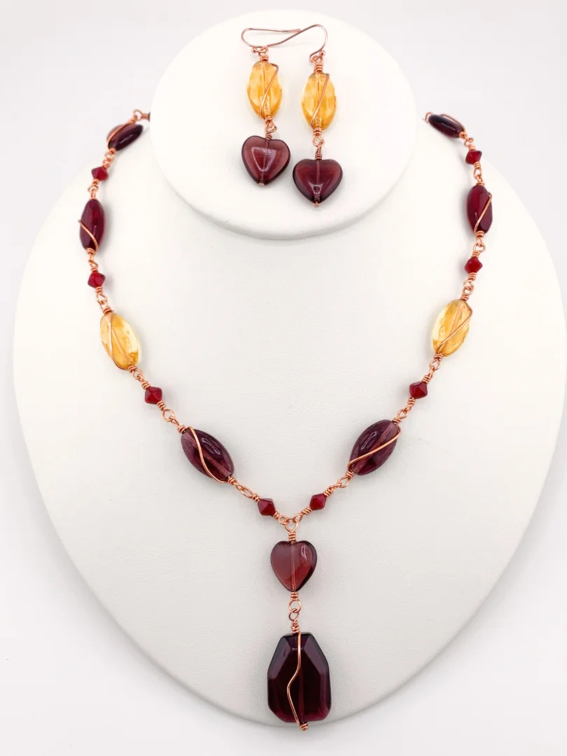 Beaded Copper Link Necklace and Earrings Set - Red, Purple, Gold product image (1)