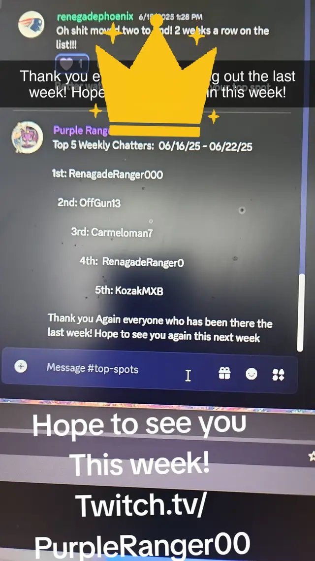This was my top Chatters for this last week really appreciate all the support. if anyone wants to come and hang out Twitch.TV/Purpleranger00, Thanks!