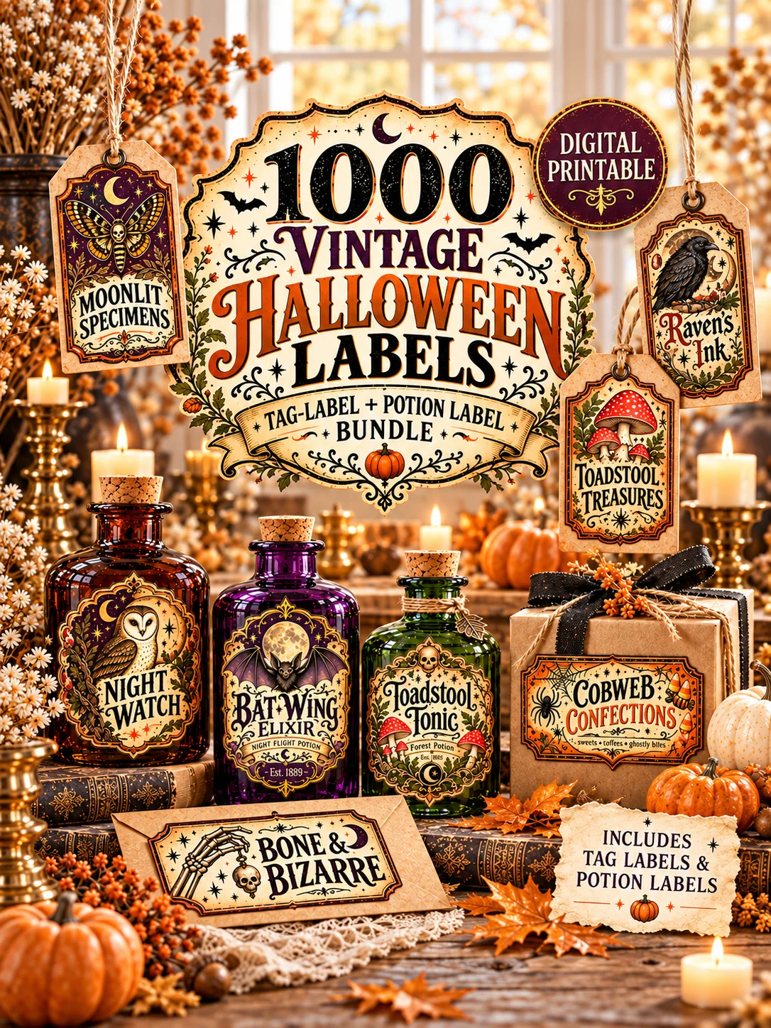 1000 Vintage Halloween Labels, Apothecary Potion Bottle Design, Printable Gift Tags Bundle, Gothic Ephemera Collection, Digital PNG Download product image (1)