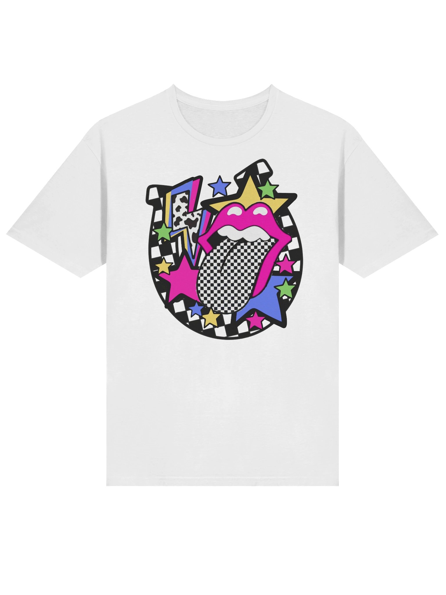 Retro Pop Art Checkered Tongue Neon Western Graphic Tee - Vibrant Y2K Style T-Shirt product image (3)