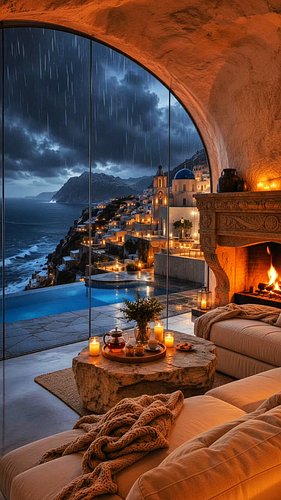 Cozy fireplace and Aegean rain for deep sleep with relaxing storm sounds, peaceful ocean ambience, glowing cliffside lights, ...