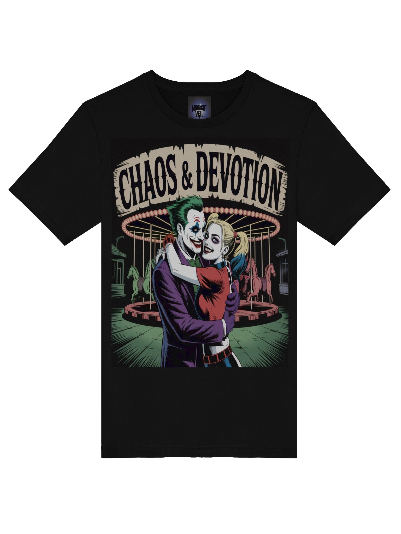 Chaos & Devotion: Joker and Harley Quinn Carousel Embrace T-Shirt product image (7)
