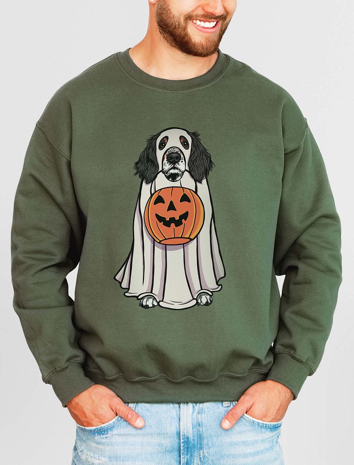 Funny Halloween Springer Spaniel(Tricolor) Sweatshirt | Funny Springer Spaniel Wearing a Ghost Costume and Holding a Pumpkin Basket product image (2)