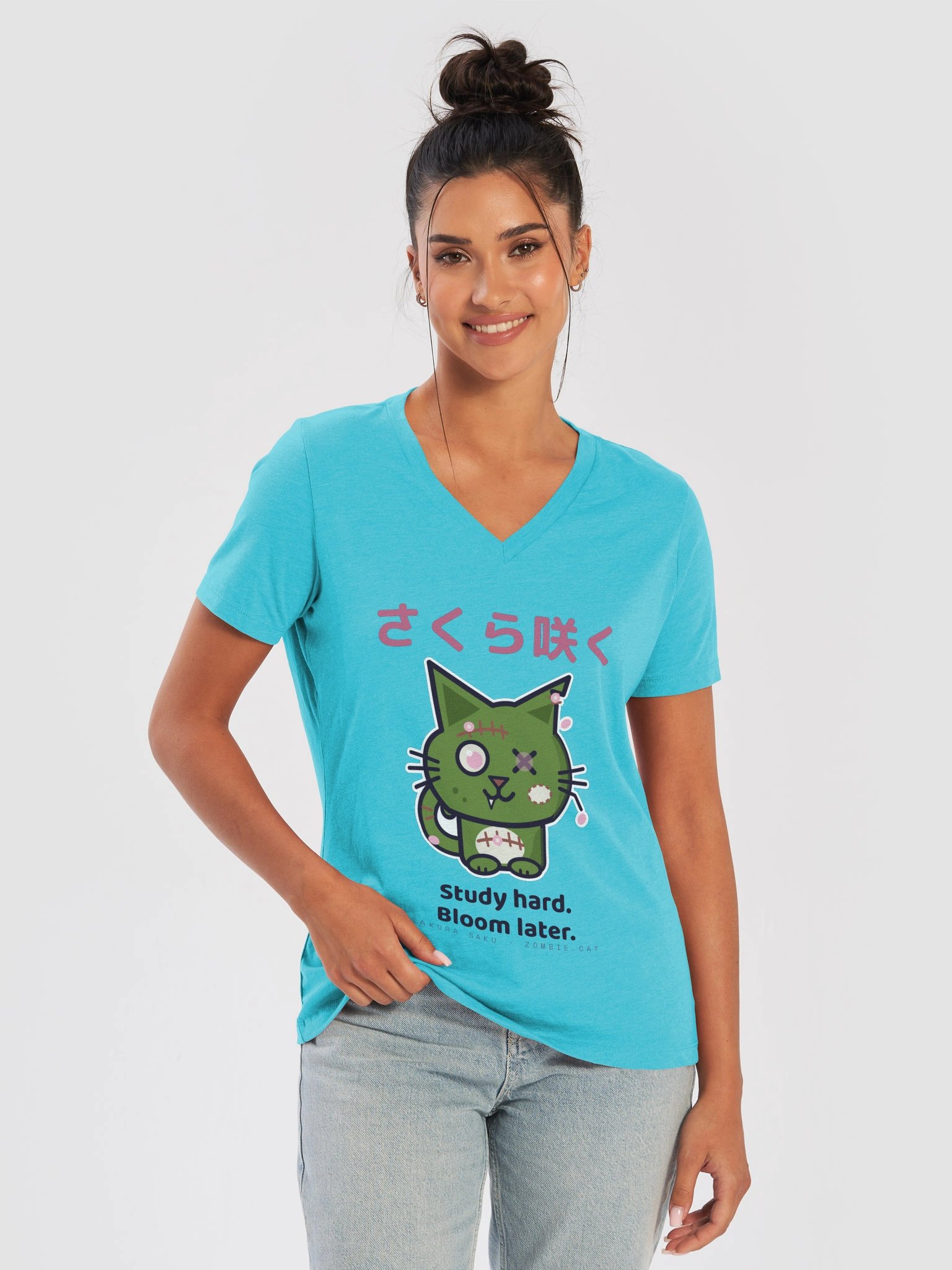 Sakura Bloom Zombie Cat Women's Relaxed V-Neck T-Shirt product image (18)