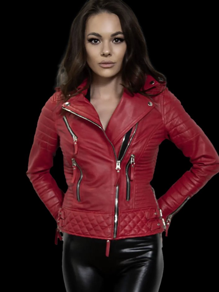 Ladies Quilted Red Leather Moto Jacket product image (3)