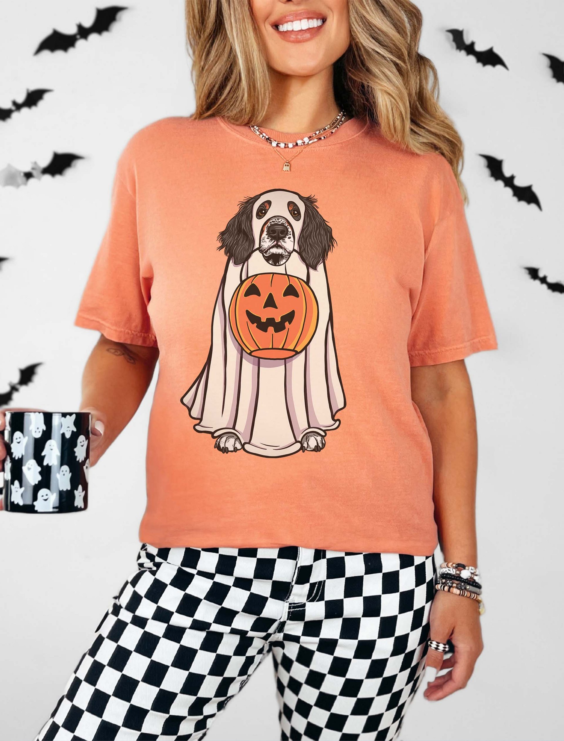 Funny Halloween Springer Spaniel(Tricolor) T-Shirt | Funny Springer Spaniel Wearing a Ghost Costume and Holding a Pumpkin Basket product image (2)