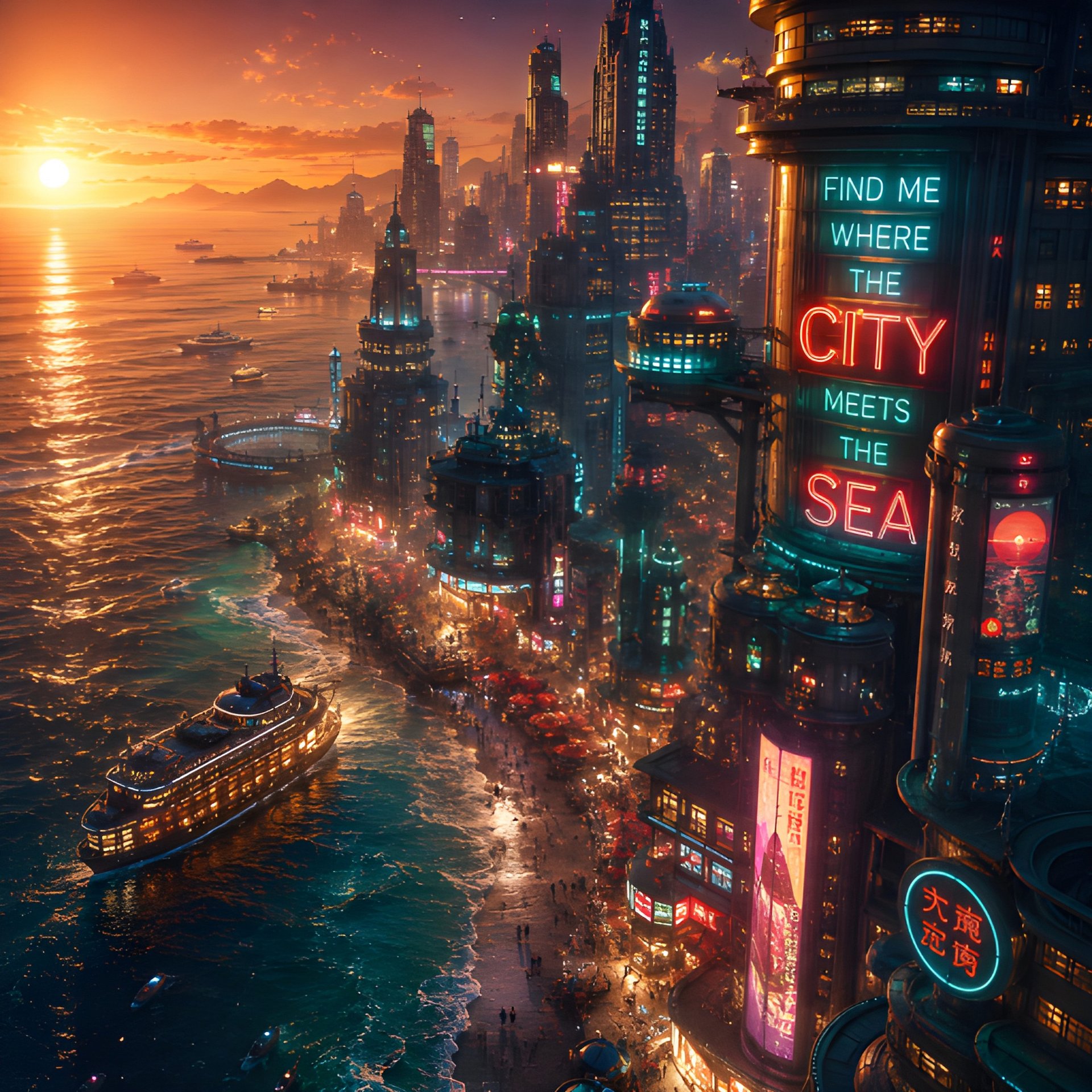 Find Me Where The City Meets The Sea Cyberpunk Neon Ocean Sunset Art Digital Download product image (2)