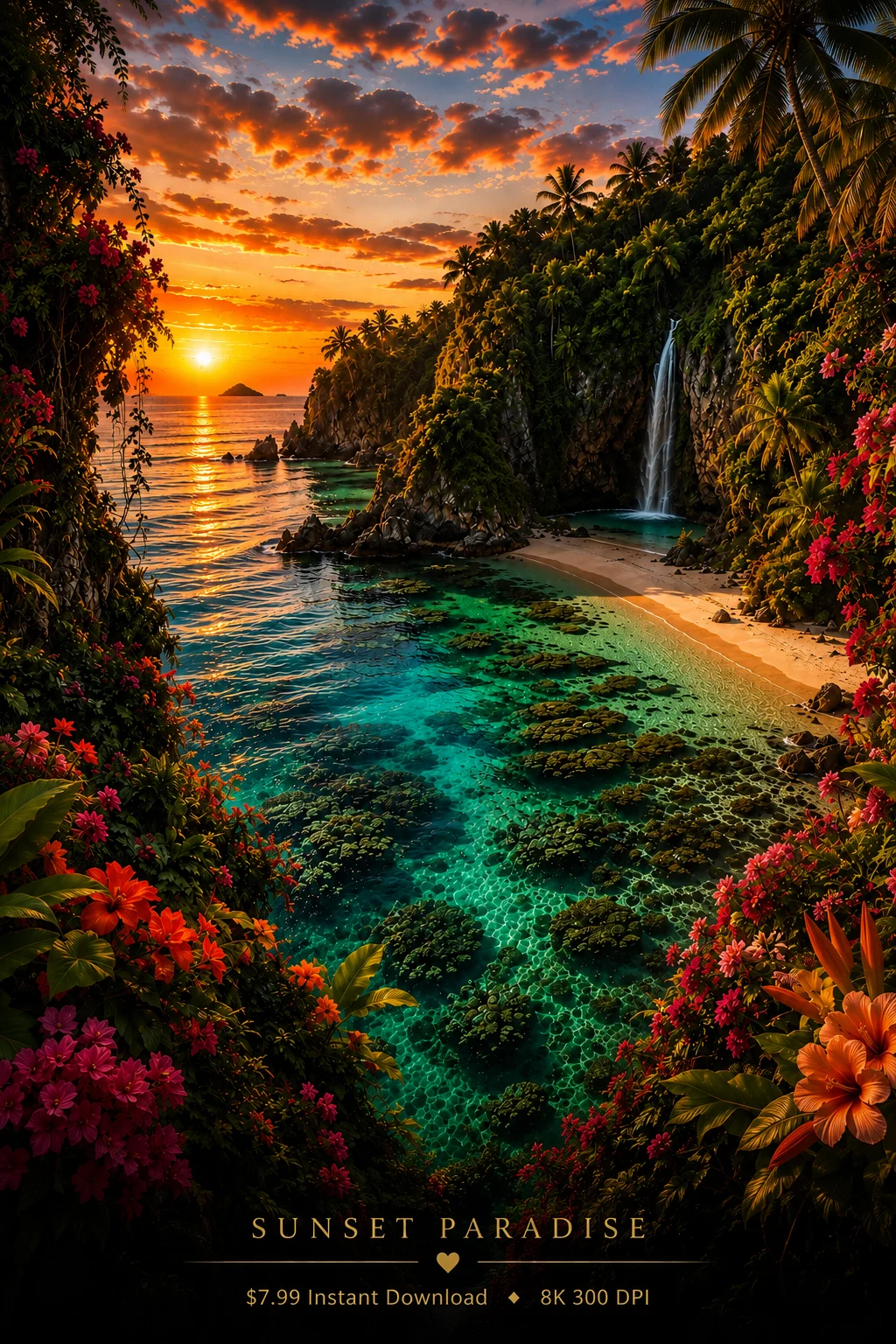 Sunset Paradise Waterfall Beach Wall Art Tropical Cove Digital Download 8K Print product image (1)