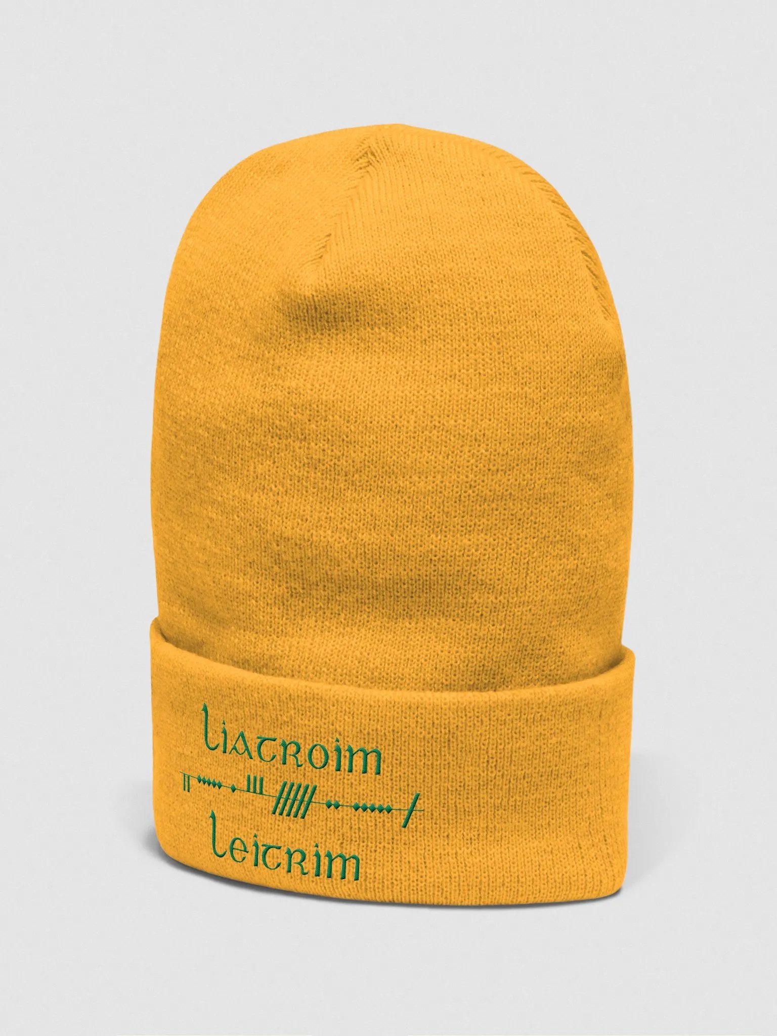 Leitrim/Liatroim Scholastic style Ogham Gold with Green embroidered Cuffed Beanie product image (2)