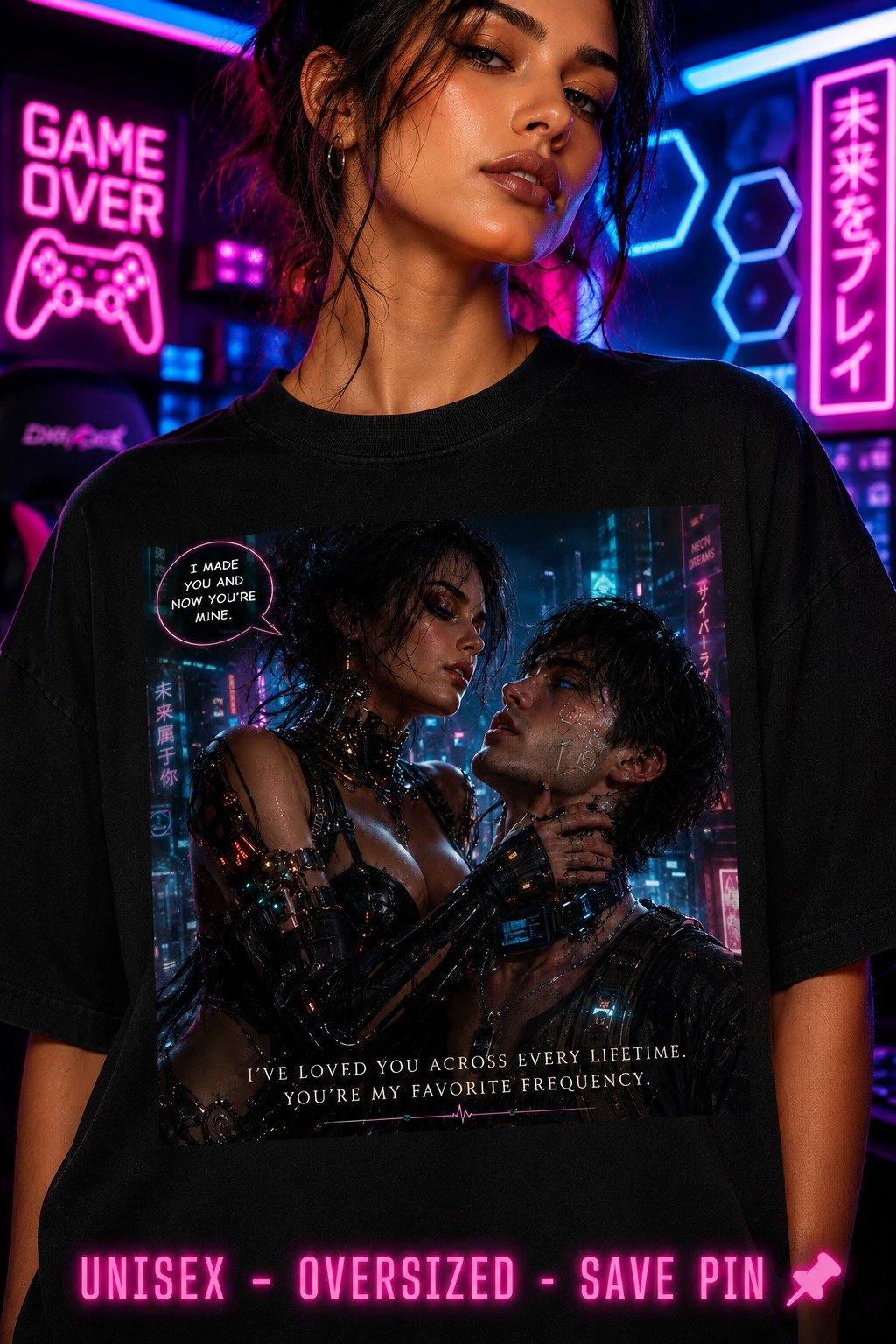 Cyberpunk Dark Romance T-Shirt, Futuristic Soulmate Graphic Tee Neon Lovers Unisex Oversized Shirt teen product image (1)