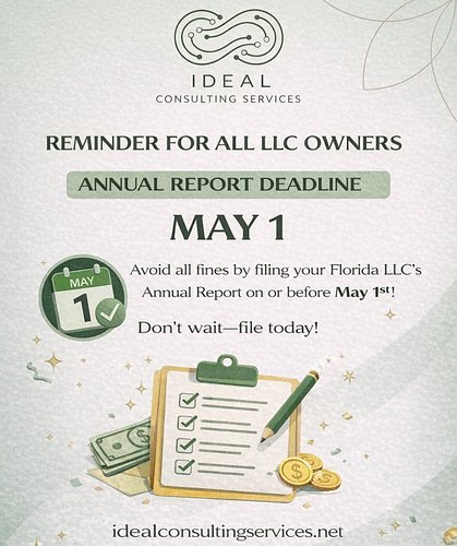 Florida LLC owners, this is your friendly reminder 📣 The Annual Report filing deadline is May 1. File on time to avoid late f...