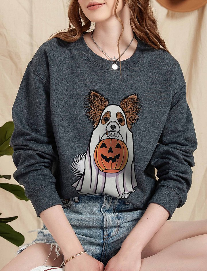 Funny Halloween Papillon Sweatshirt | Funny Papillon Wearing a Ghost Costume and Holding a Pumpkin Basket product image (2)