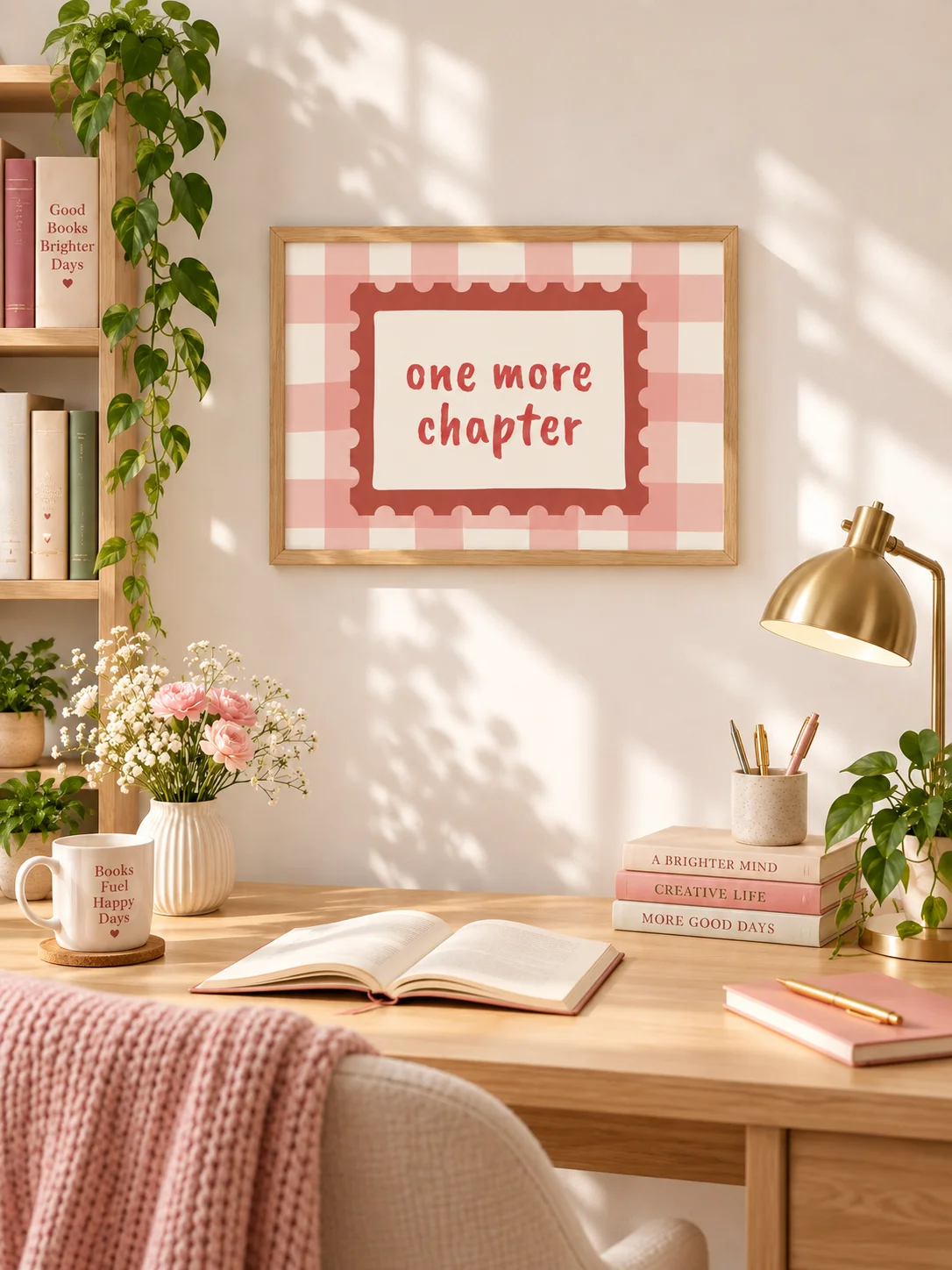 One More Chapter Print | Book Lover Decor | Pink Gingham Reading Nook | Literary Quote Poster | Cozy Library Digital Download product image (5)