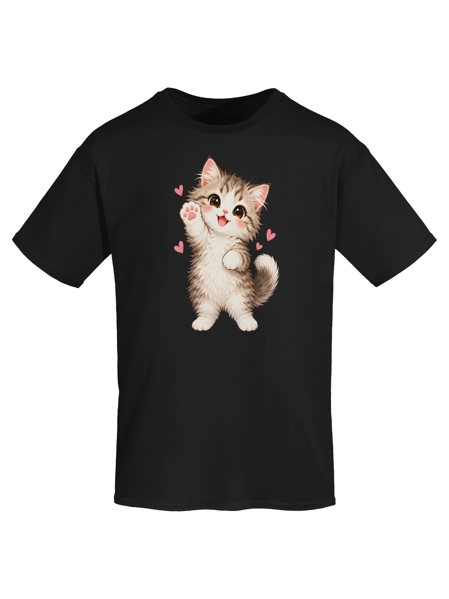 Cute Waving Kitten T-Shirt – Kawaii Cat with Hearts Graphic Tee