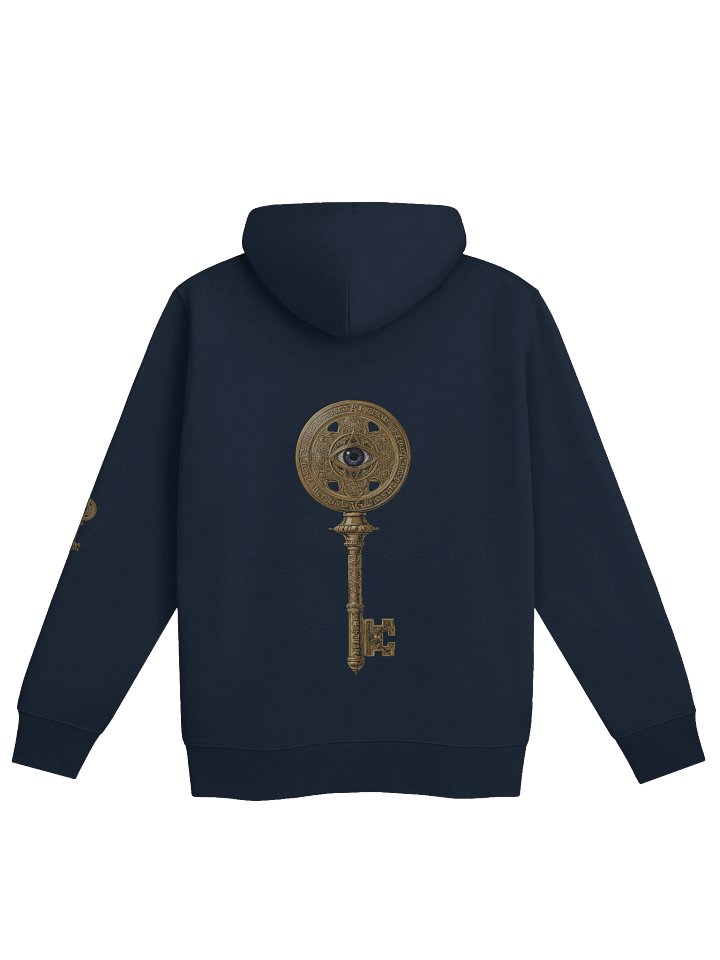The Gatekeeper’s Key – French Navy Reverse Arm Edition (Back + Left Sleeve Print) | Organic Hoodie product image (2)