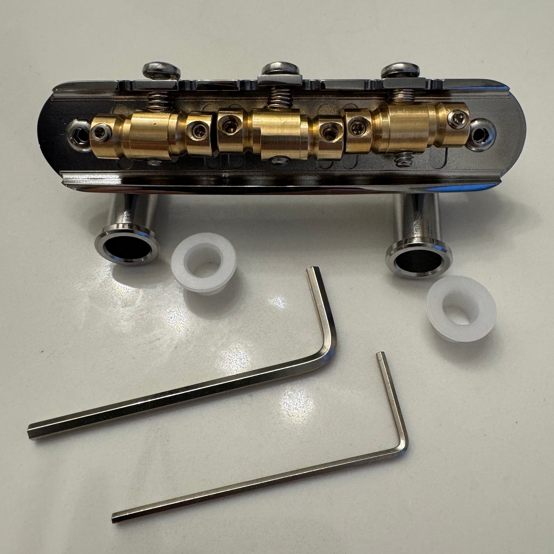 “The Goliath” Chrome-Plated Brass Jazzmaster / Jaguar / Mustang Bridge with USA Made Compensated Raw Brass Saddles product image (2)