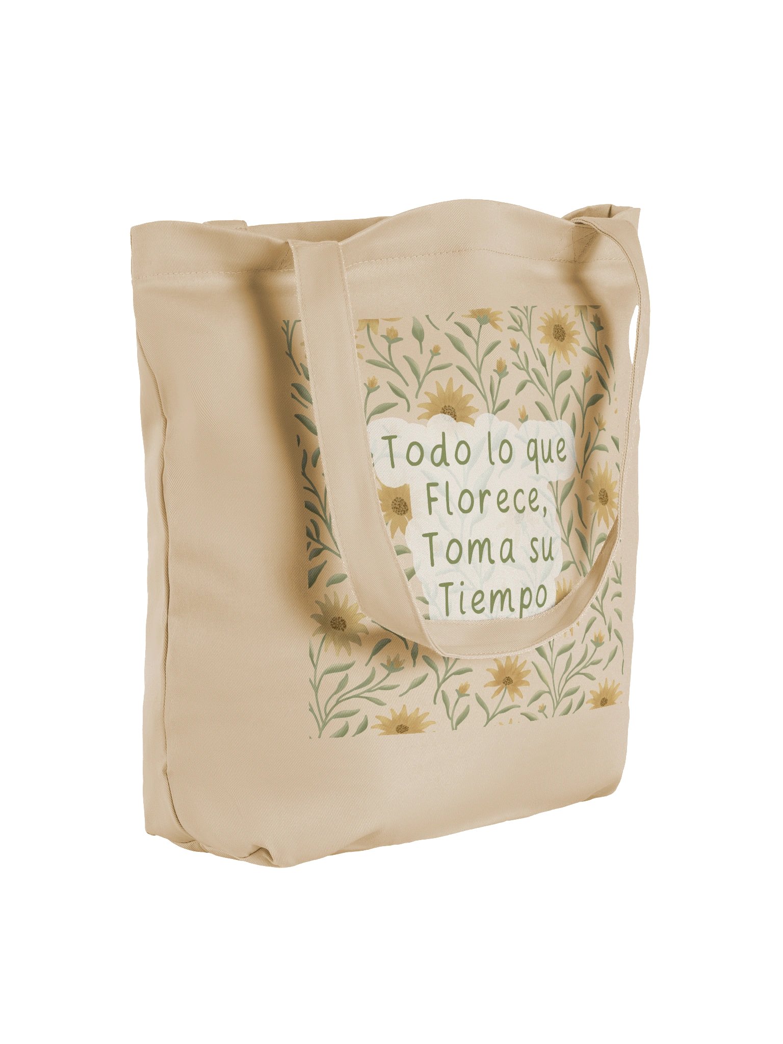 Eco-Friendly tote bag with golden field floral design – Inspirational Quote, everything that blooms, takes its time product image (4)