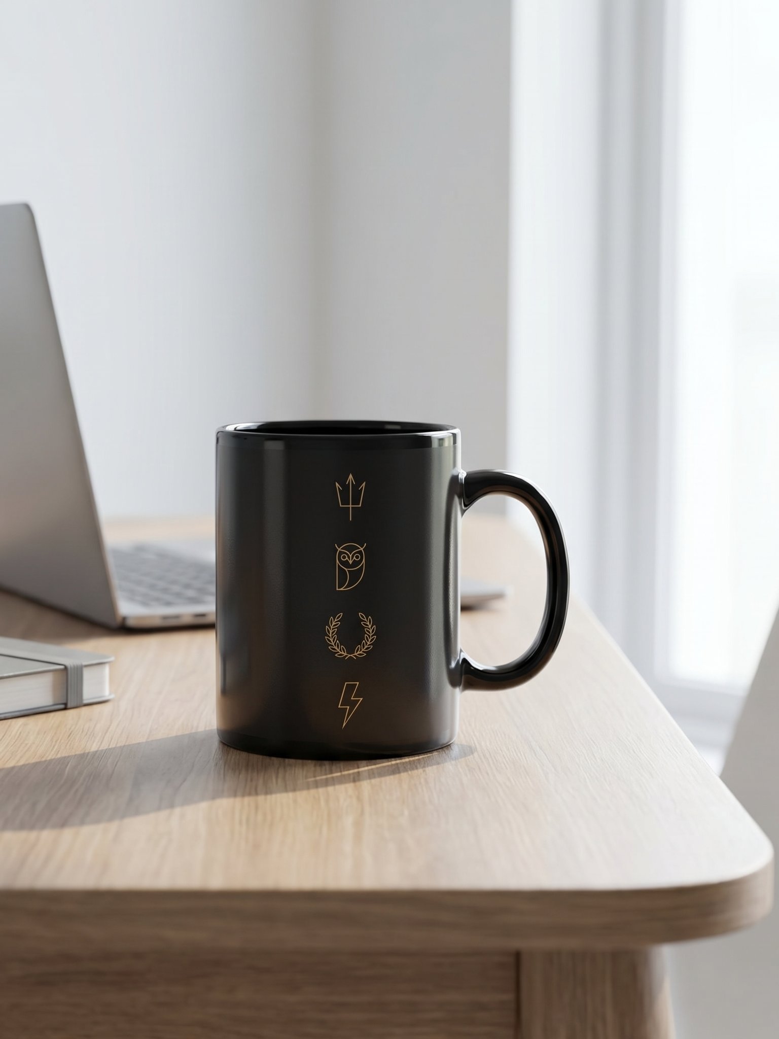 Greek Mythology Symbol Mug – Minimal Trident, Owl & Laurel Design in Black & Gold product image (3)