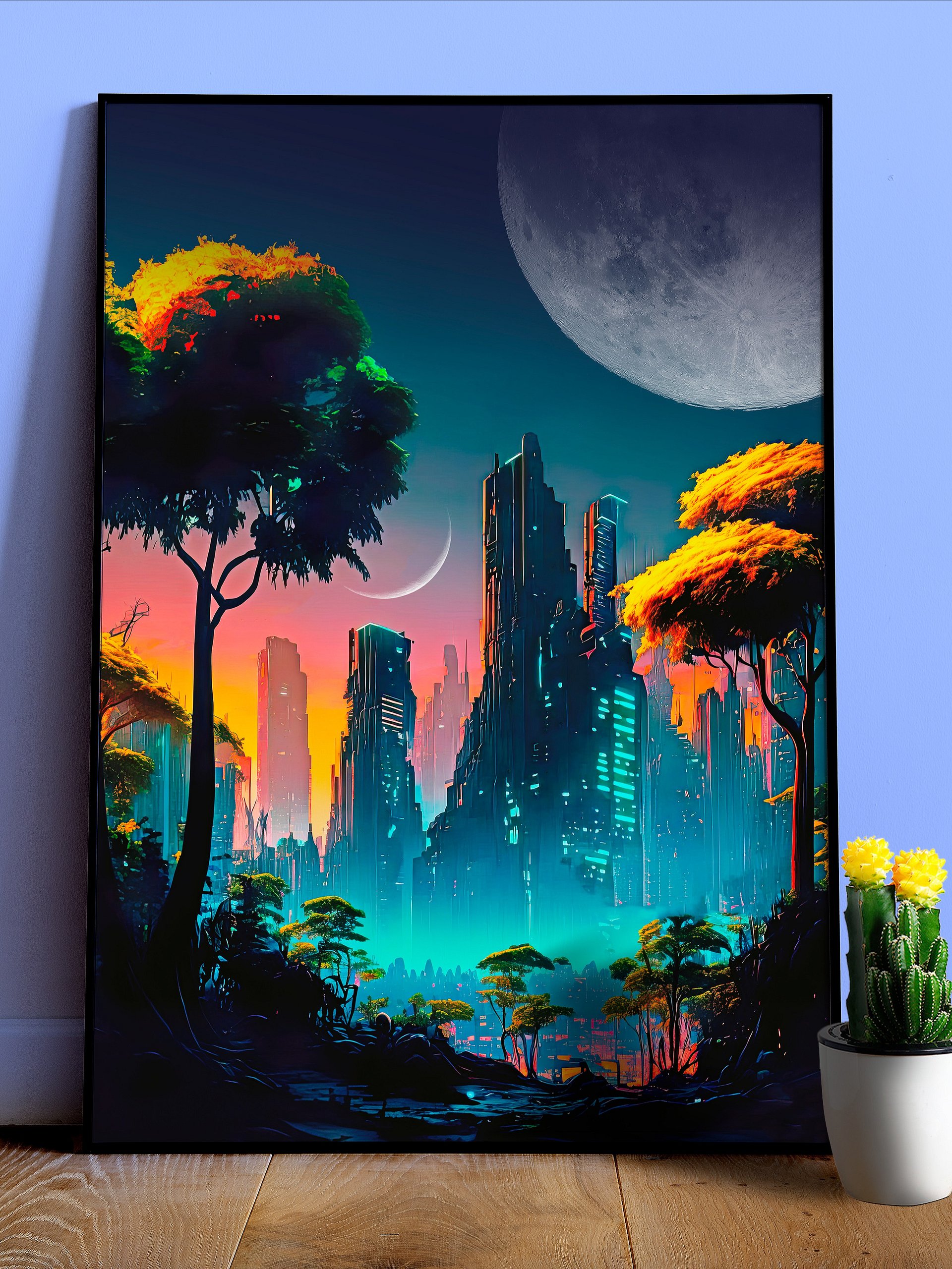 Neon cyberpunk city in a forest with Moons — surreal space collage art, futuristic sci-fi collage product image (1)
