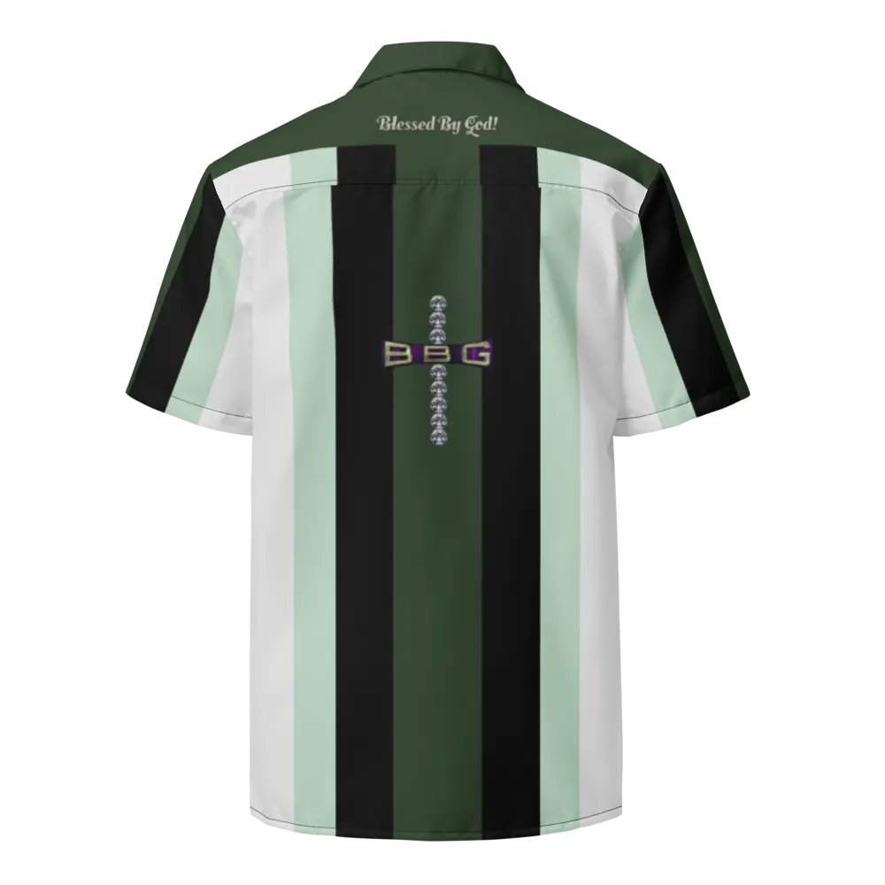 Green and Black Vertical Striped Abstract Blessed by God Button-up Shirt product image (2)