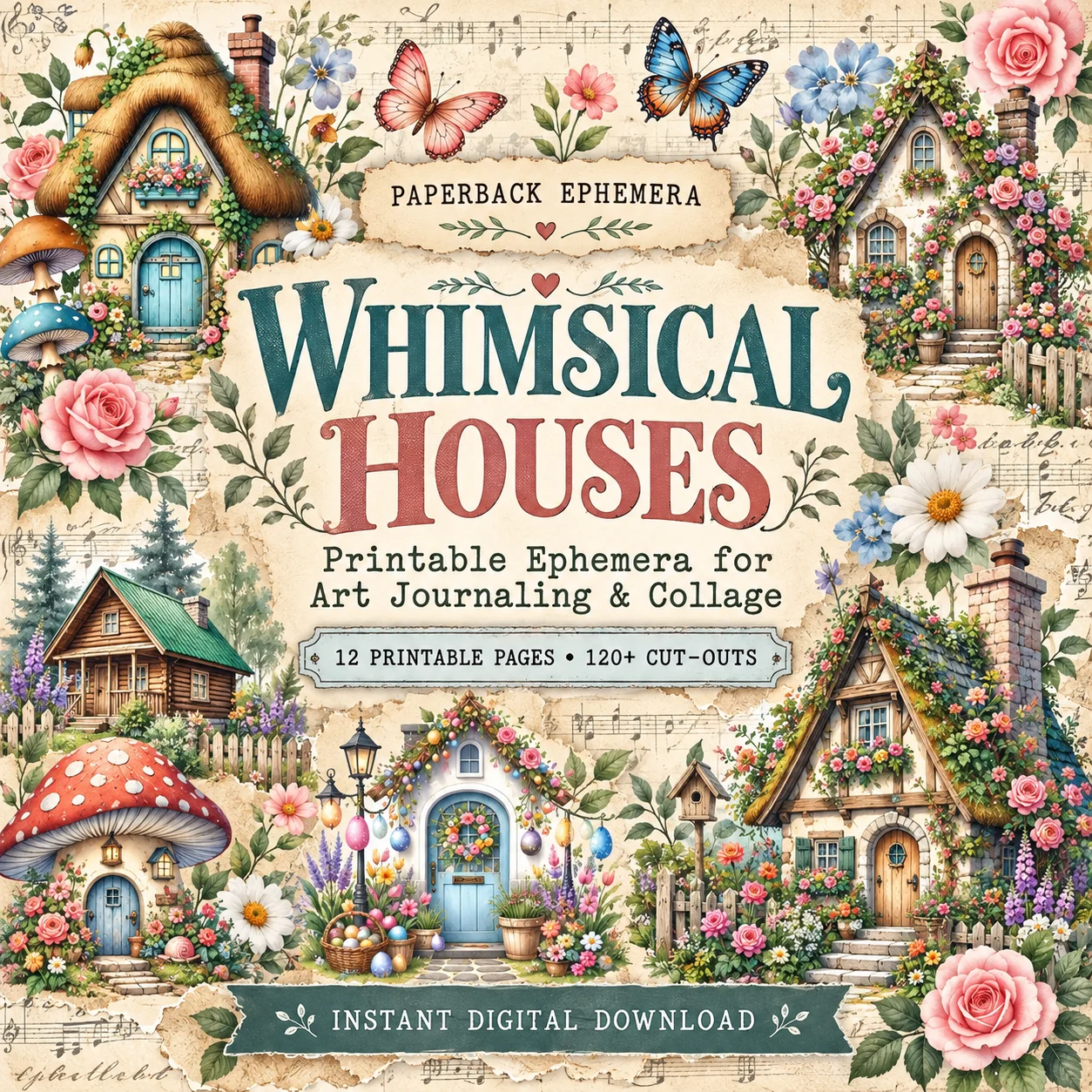 Whimsical Houses Ephemera Printable PDF – 12 Cottage & Garden Collage Sheets for Junk Journals product image (1)