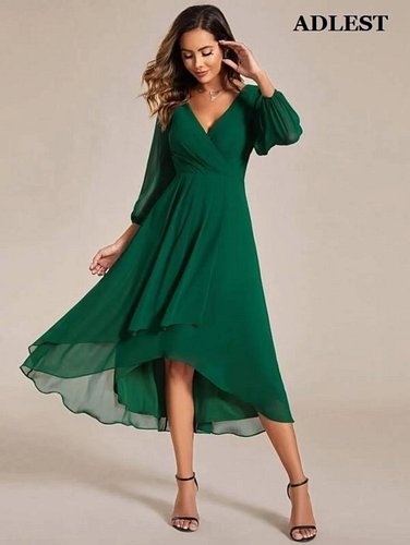 ADLEST  Elegant Lantern Sleeve Pleated Chiffon Navy Blue Bridesmaid Dress, Suitable For Wedding Guests And Formal Occasions S...