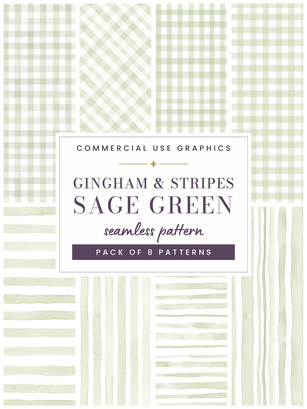 Sage Green Watercolor Gingham & Stripes Seamless Pattern Pack product image (1)