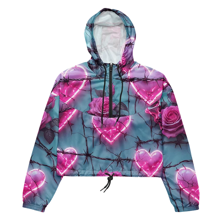 Neon Barbed Rose Heart Cropped Windbreaker - Glow Pink Shattered Hearts All-Over Print Women's Lightweight Jacket product image (2)
