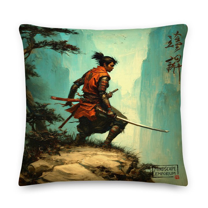 Silent Ridge Ronin – Painterly Samurai Landscape Cushion Cover product image (1)