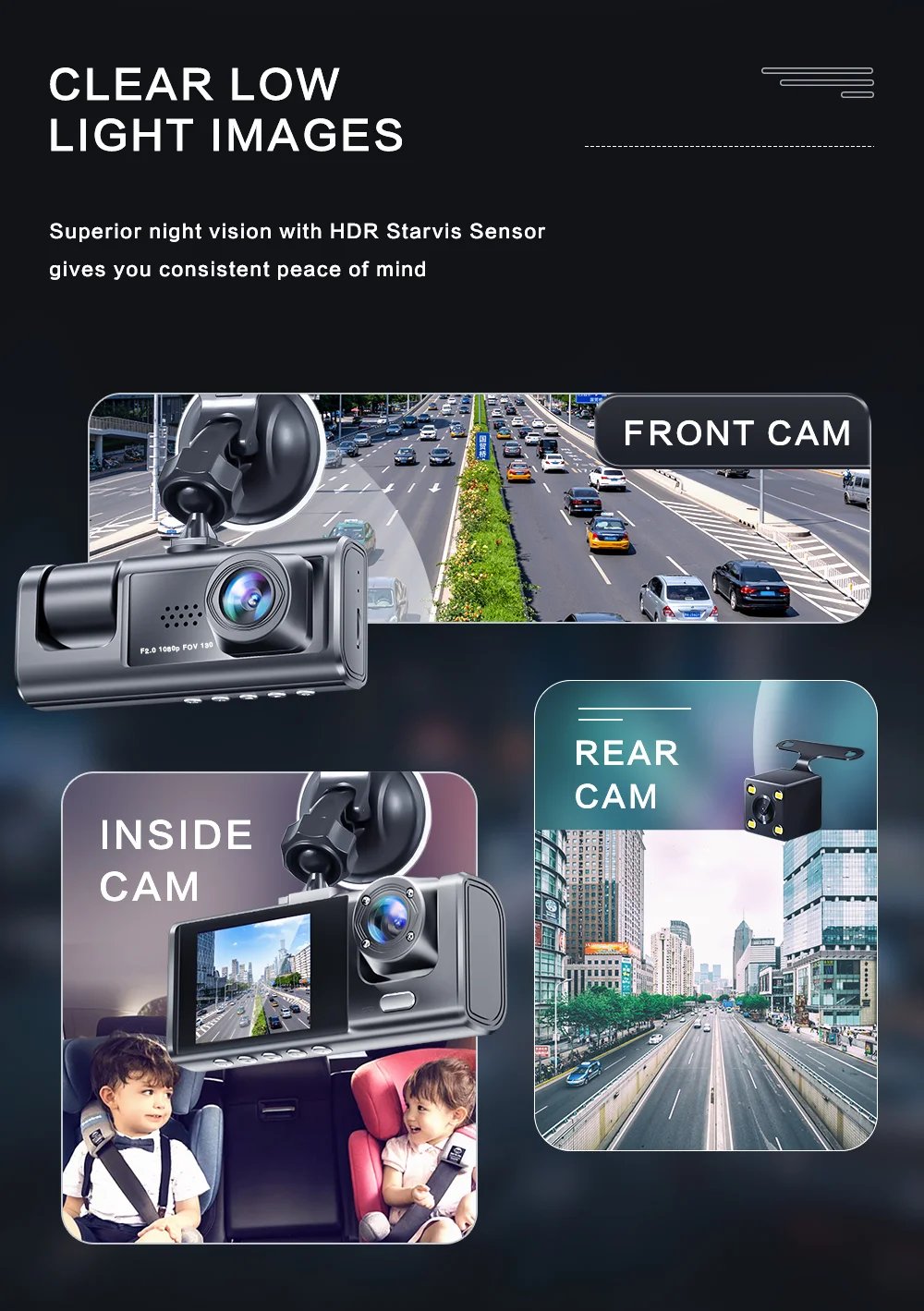 3 Way Dash Camera WithNight Vision Loop Recording with 32GB Memory Card product image (8)