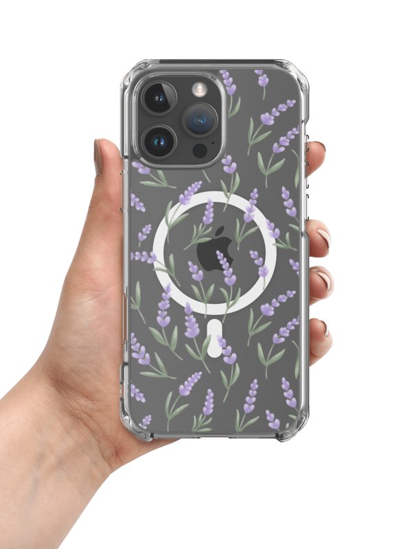 MagSafe clear case for iPhone with lavender pattern. Artistic floral protective cover product image (1)