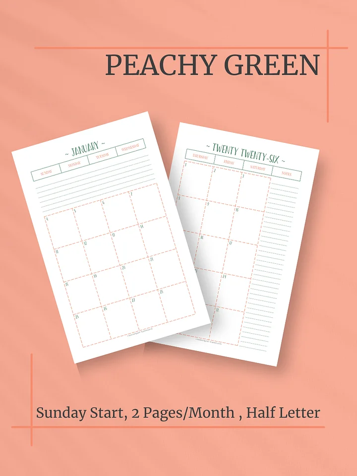 Peachy Green 2026 Calendar - 2 Pages per Month, Sunday Start, Half Letter Size product image (1)