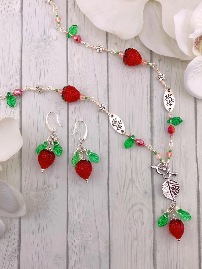 Lampwork Strawberry on Silver Leaf Toggle Necklace Set product image (4)