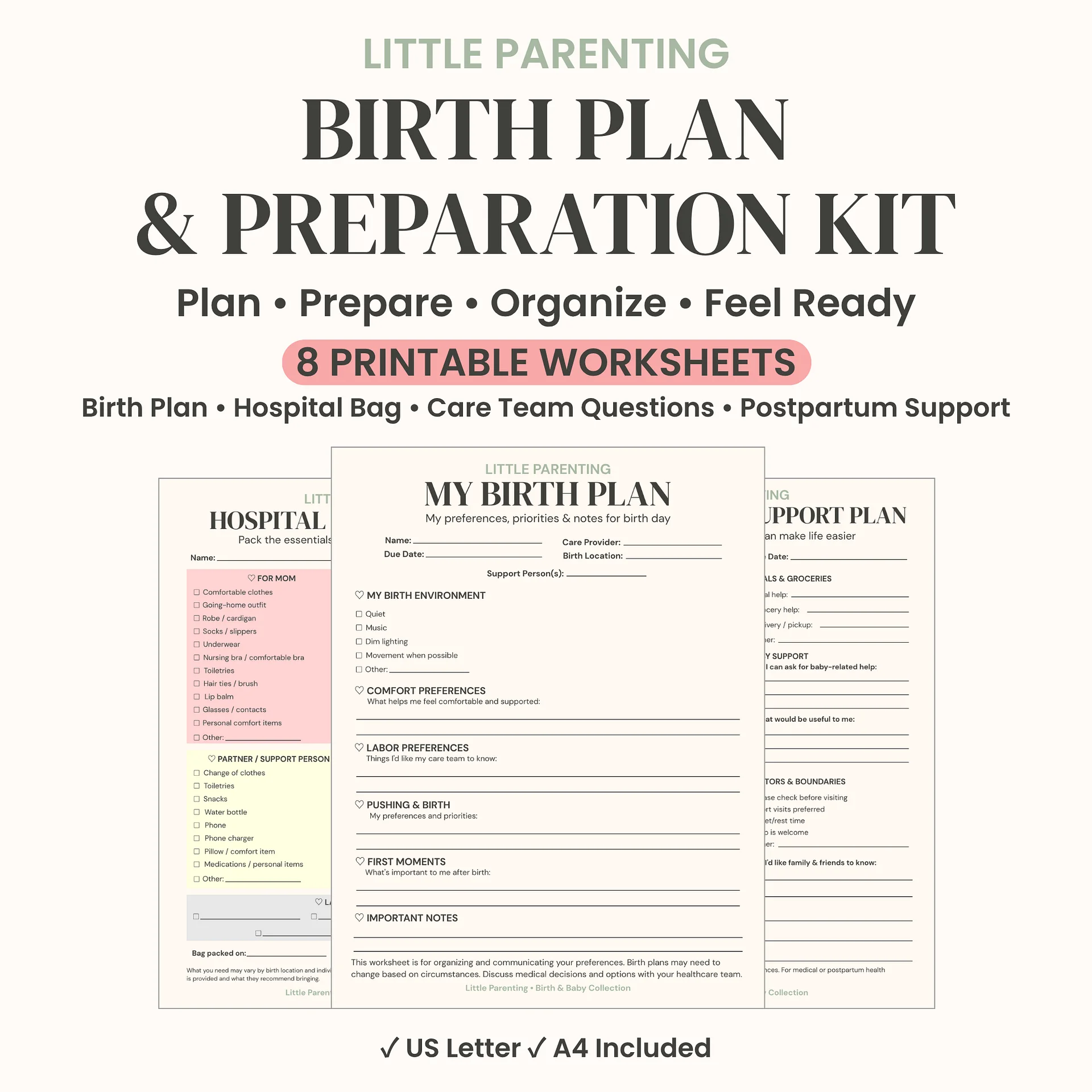 Birth Plan & Preparation Printable Kit – Hospital Bag Checklist & Postpartum Planner product image (1)