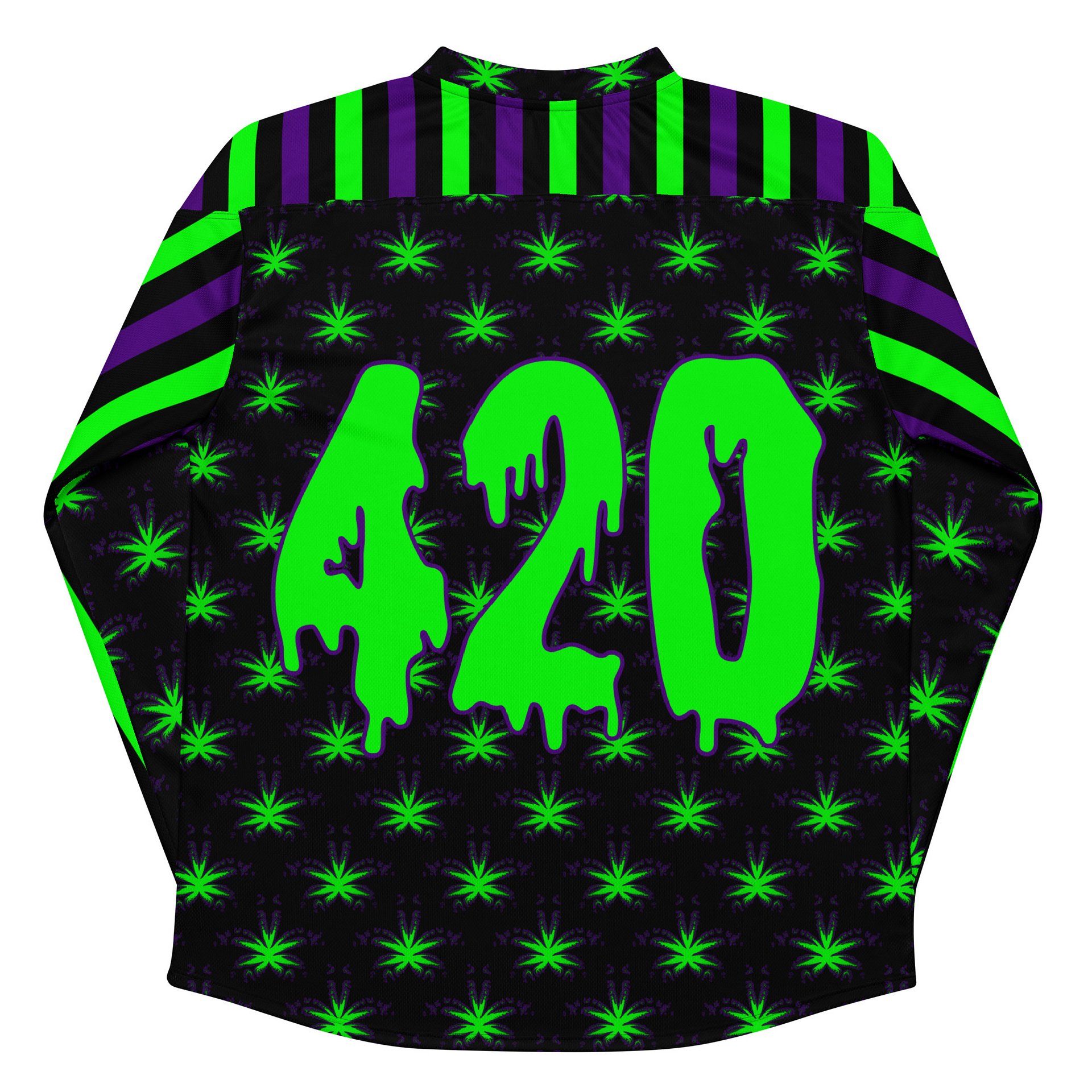 Rave 420 Fan Hockey Jersey, Circus Stripes Stoner Shirt, Neon Green Purple Black Creepy Cannabis Clothing, Weed Leaf Festival Fashion product image (1)