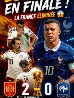 🇪🇸 L'Espagne est en finale de la Coupe du Monde 2026 ! La Roja a livré une véritable leçon de football en dominant la France 2-0 à Dallas. ⚽ Oyarzabal (22', pen.)  ⚽ Pedro Porro (58') Les hommes de Luis de la Fuente n'ont laissé aucune chance aux Bleus et se rapprochent désormais d'un nouveau sacre mondial. 👉 La France est éliminée. 💬 Selon vous, l'Espagne sera-t-elle championne du monde ? #CoupeDuMonde2026 #Espagne #France #LaRoja #Mbappe #Football #NouPiPrew #FIFAWorldCup